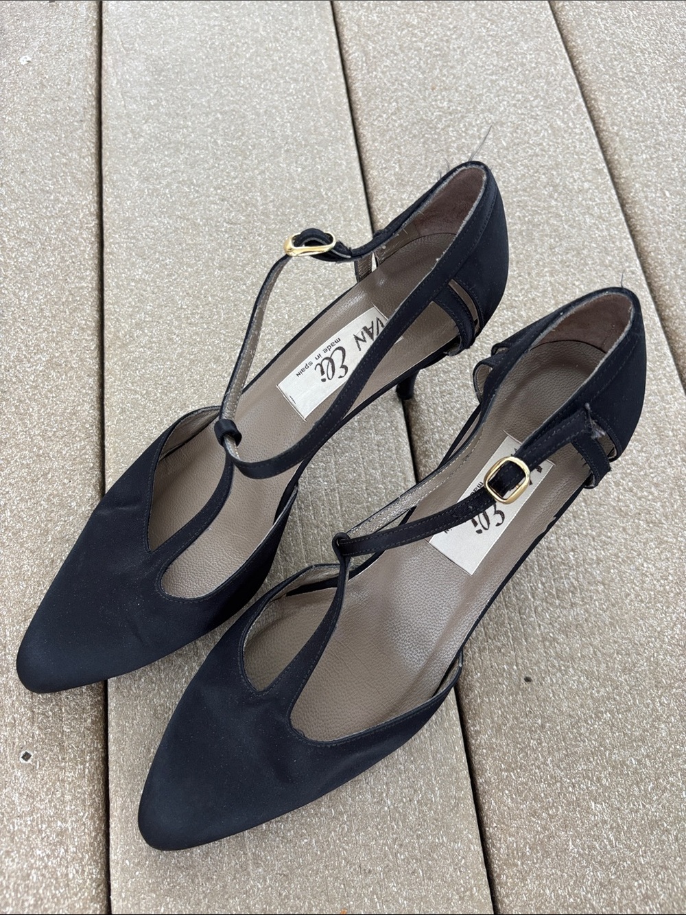 Van Eli Black T-Strap Pointed Heels with Gold Buckle